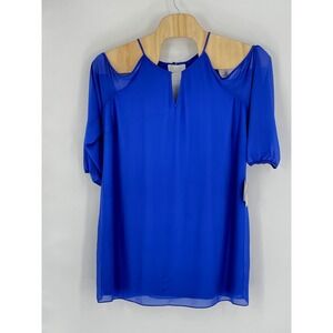 NWT by & by Womens Blouse 2X Cold Shoulder Blue Chiffon Keyhole Metal Bar